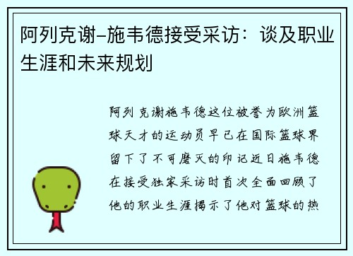 阿列克谢-施韦德接受采访：谈及职业生涯和未来规划