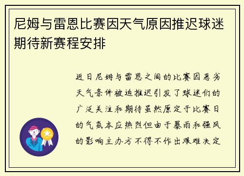 尼姆与雷恩比赛因天气原因推迟球迷期待新赛程安排